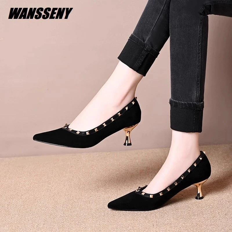 WANSSENY2025年新款铆钉浅口尖头细跟单鞋女软底气质高跟舒适女鞋