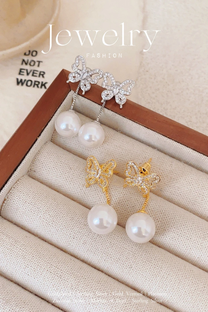 铜合金锆石耳饰 AB款的蝴蝶珍珠耳坠仙气飘飘，少女浪漫感绝美