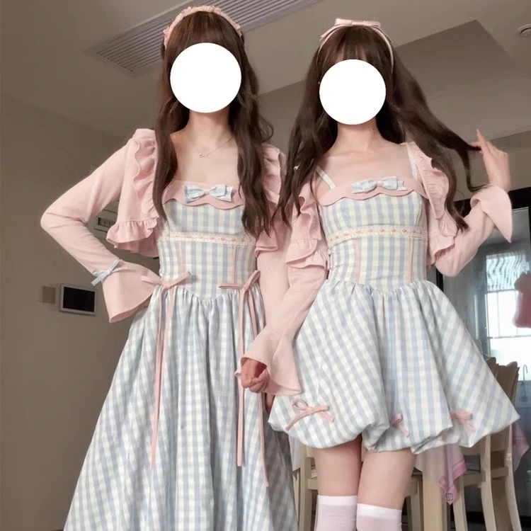 桔梗house 海盐草莓温柔甜美风粉色外搭长短款蓝格吊带连衣裙女