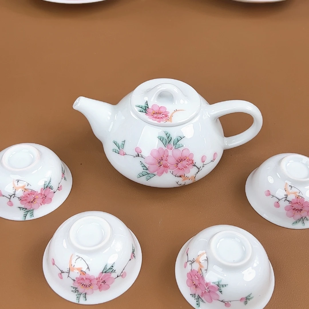 釉上水点桃花一壶四杯微瑕