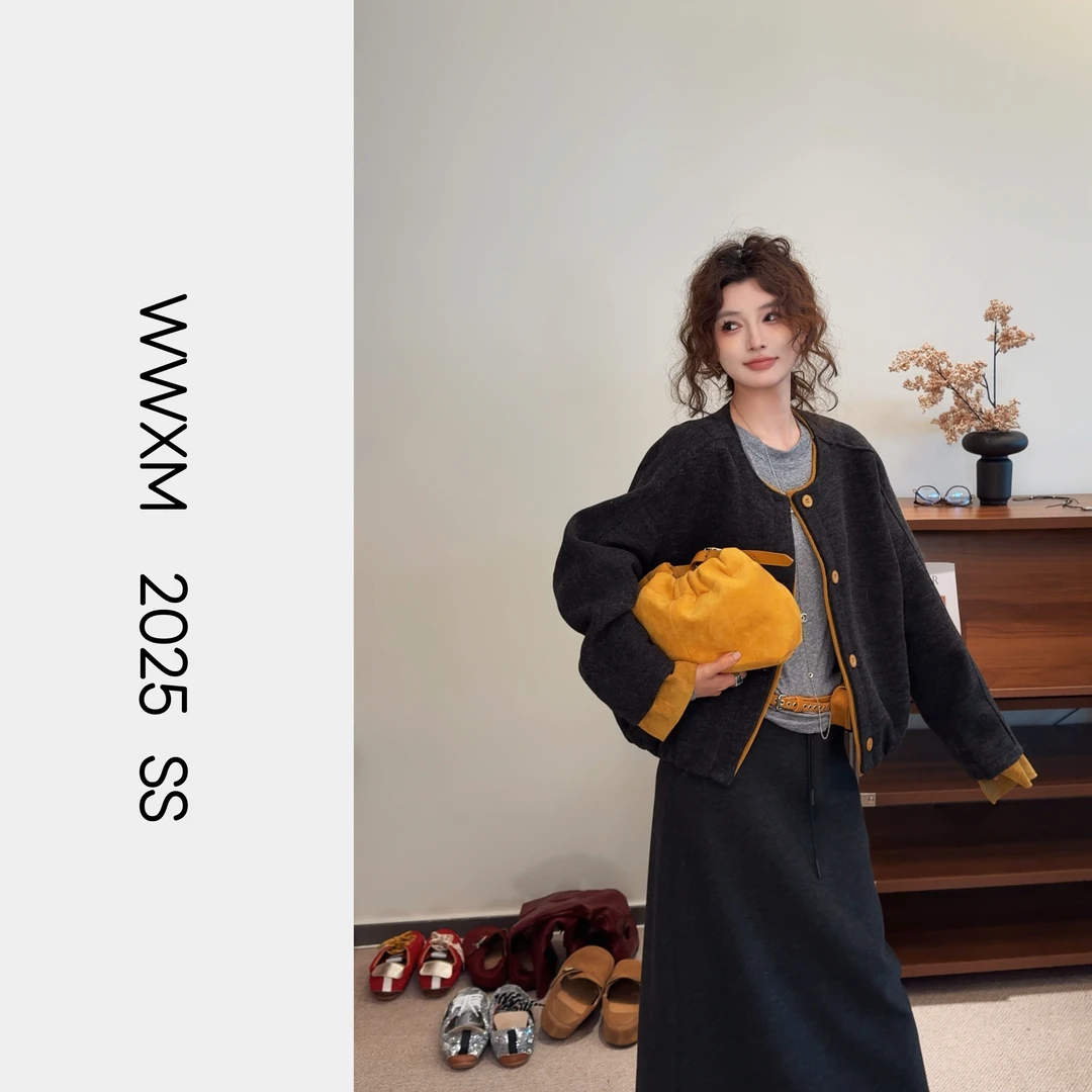 【汪肖肖WWMX】秋冬拼接袖口撞色单排扣设计短款外套女6272