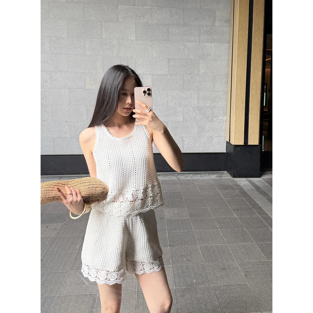 周淼ZHOUMIAO【重工挚爱】全棉镂空花边背心 短裤套装女ZM25G8700Z