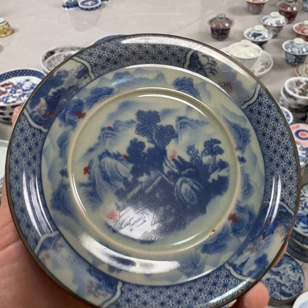 摆件老陶泥青花釉里红山水盖碗底托