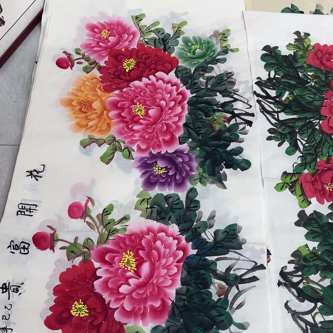 国画国画作品书法作品原稿四尺横幅白底五彩