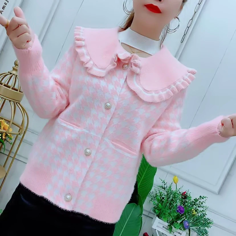 韩系娃娃领仿水貂绒2025春秋款千鸟格短款外套小个子针织开衫上衣