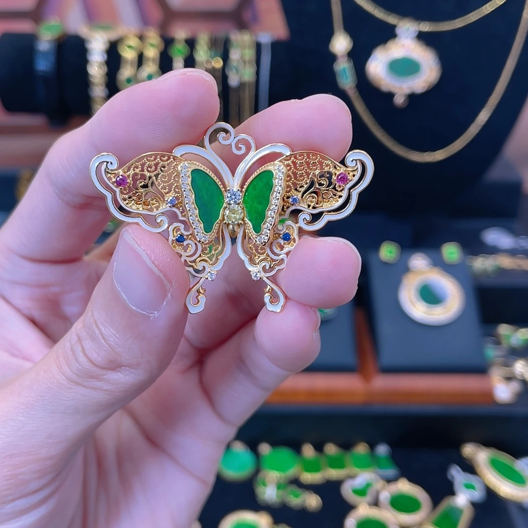 翡翠银S925镀金镶嵌吊坠(赠链)胸针吊坠两用