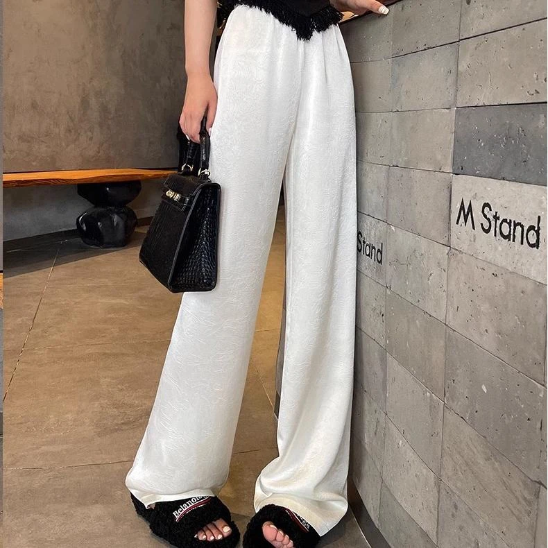 2025夏季上新肌垂感仿醋酸抓花高腰休闲直筒阔腿裤显瘦薄款白色