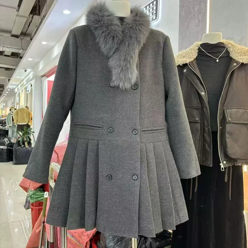 蛋娘专属——欧货小香风内胆羽绒百褶连衣裙新款保暖气质真毛领