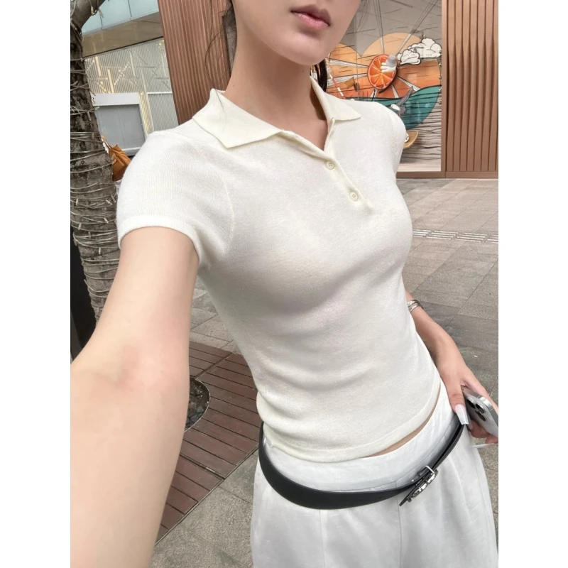 白色短袖女t恤2025新款夏薄款修身Polo领针织衫显瘦正肩辣妹上衣