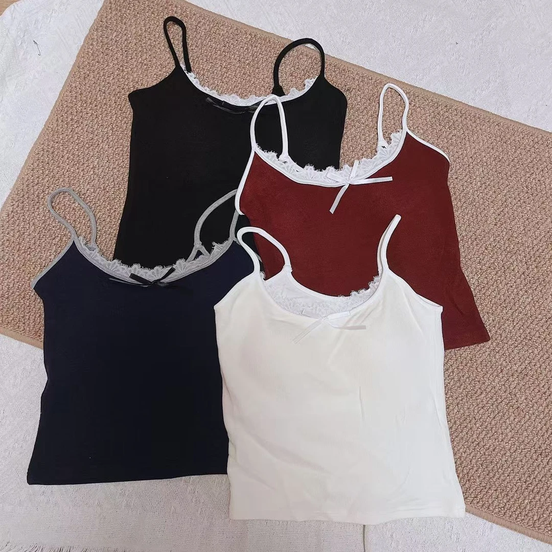 【蝴蝶飞舞】时尚洋气百搭蕾丝刺绣立体蝴蝶结一体带胸垫美背背心