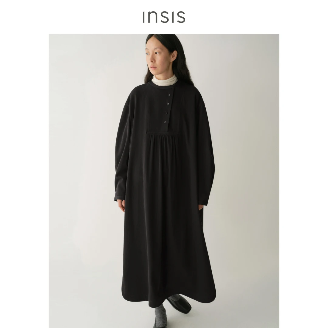 INSIS FEMME棉质2025冬季新款文艺复古宽门襟圆领宽松衬衫连衣裙
