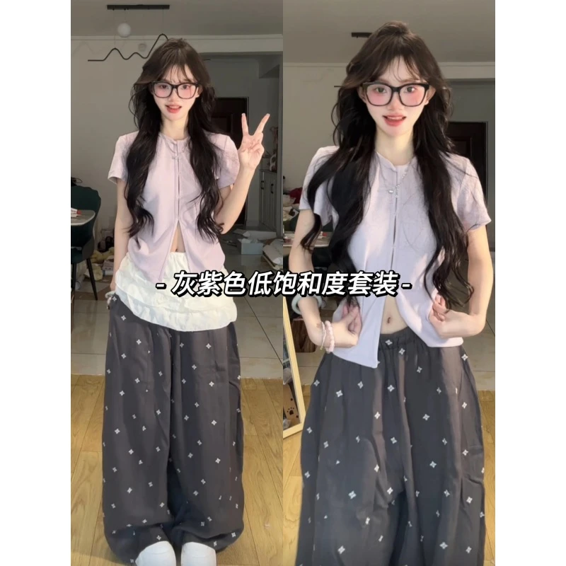 韩系正肩短袖T恤阔腿休闲裤套装女夏季新款慵懒松弛感休闲两件套