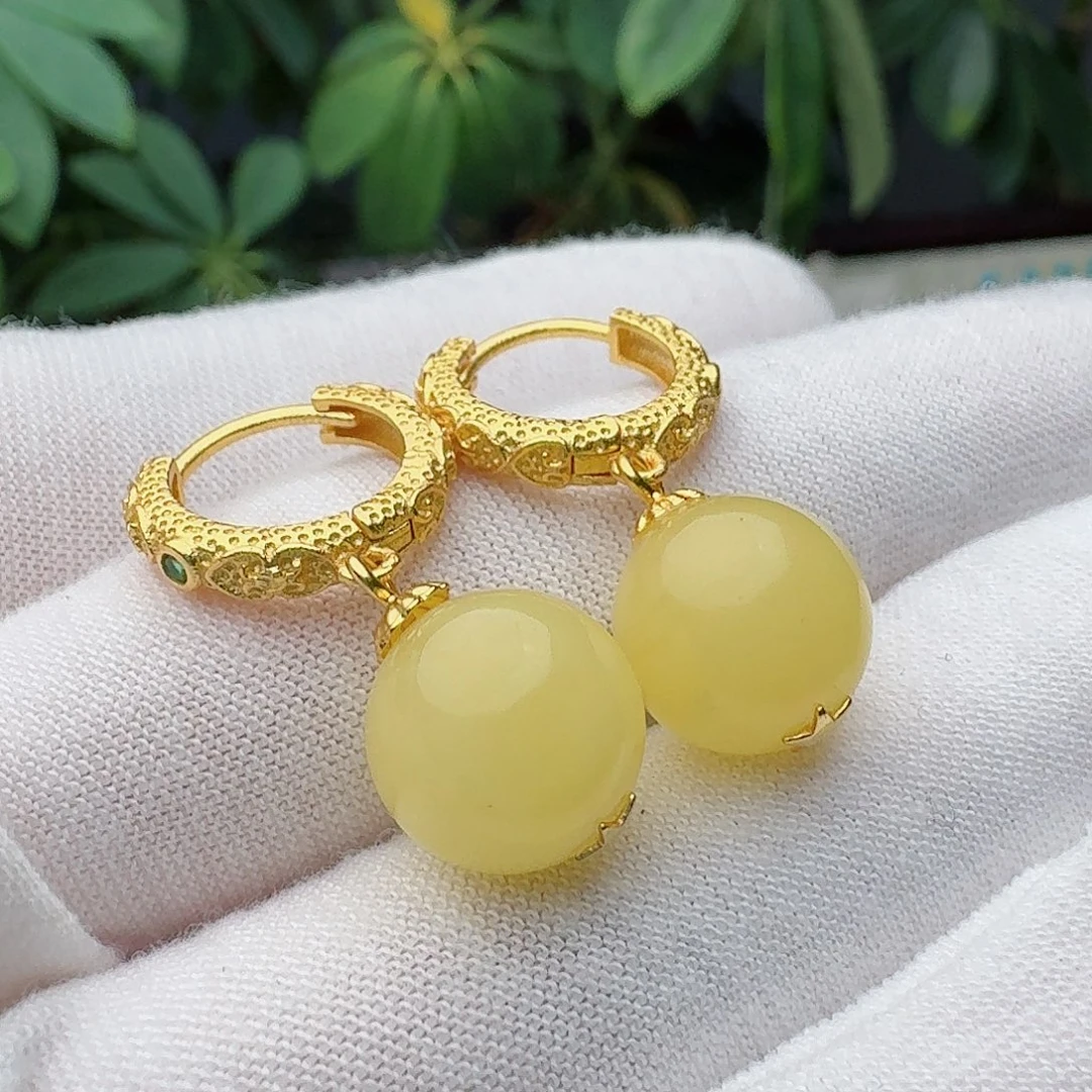 琥珀未镶嵌耳饰蜜蜡耳环