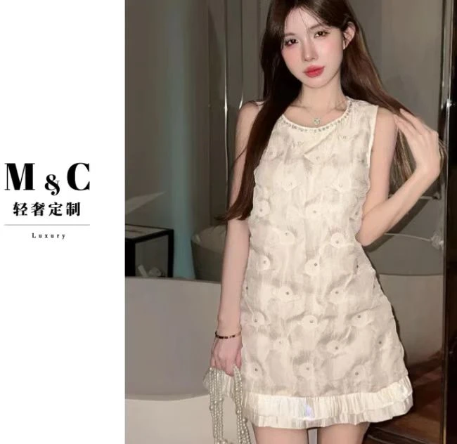 重工夏法式镶钻褶皱无袖背心裙名媛气质短款千金短裙女装8173-1