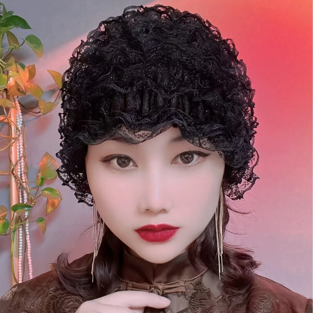 编织中老年帽子《四季款蕾丝帽》遮盖白发皱纹透气网纱发包头帽