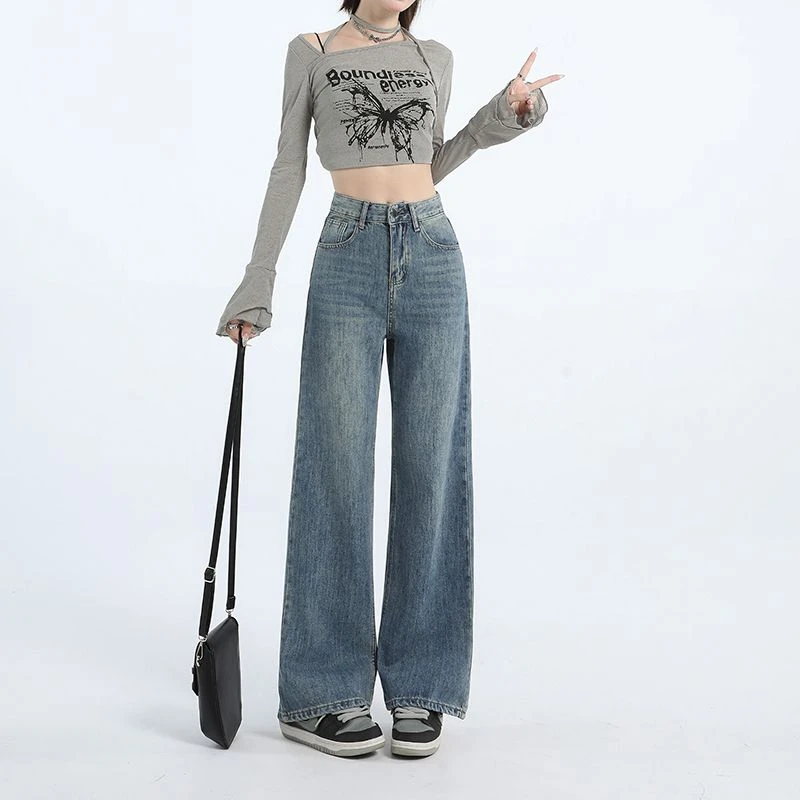 2025春夏新款美式阔腿牛仔裤女垂感小个子复古百搭高腰宽松直筒裤