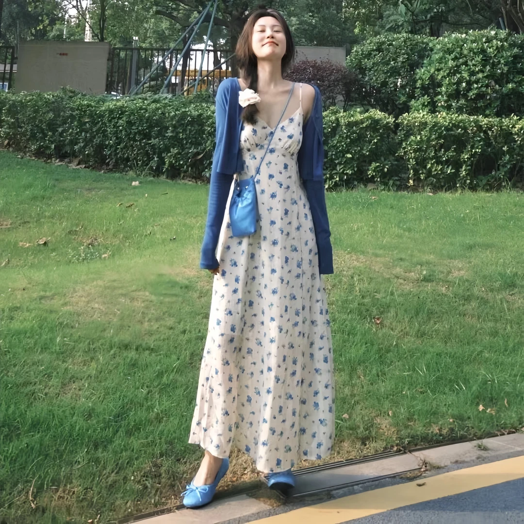 大码春夏新款碎花吊带裙+防晒开衫两件套气质连衣裙