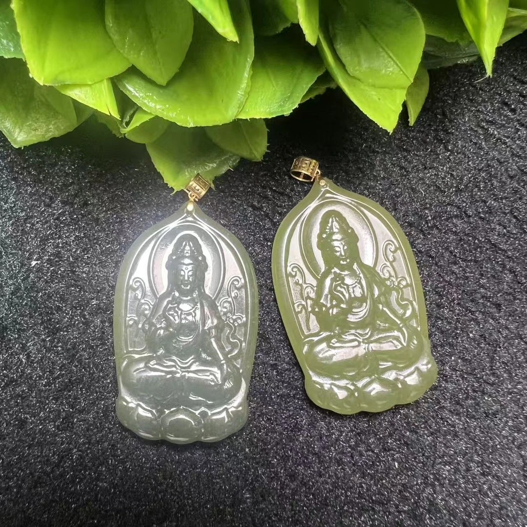 HJ4808【任会长珠宝】18K金扣头镶和田玉观音吊坠-配链-多样发一件