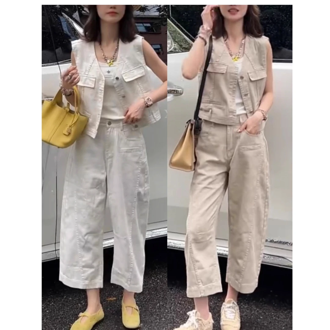 夏季薄款百搭牛仔套装V领马甲外套高腰显瘦穿搭九分阔腿牛仔裤子