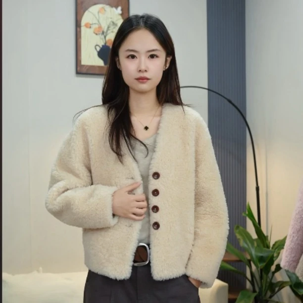 2025-冬款v领短款单排扣休闲韩版外套羊毛精致长袖秋冬百搭小个子