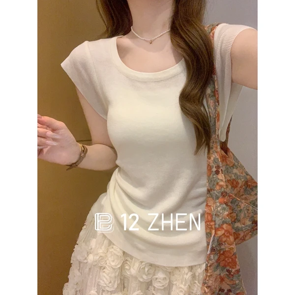 2025夏季韩版气质方领褶皱显瘦设计感百搭纯色针织衫短袖上衣女