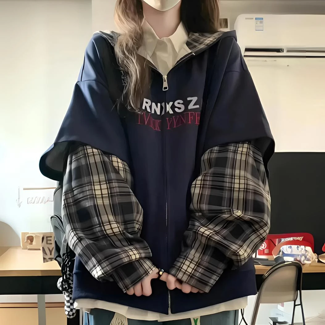 早秋新款韩系休闲慵懒风格纹假两件拼接连帽卫衣新款外套宽松开衫