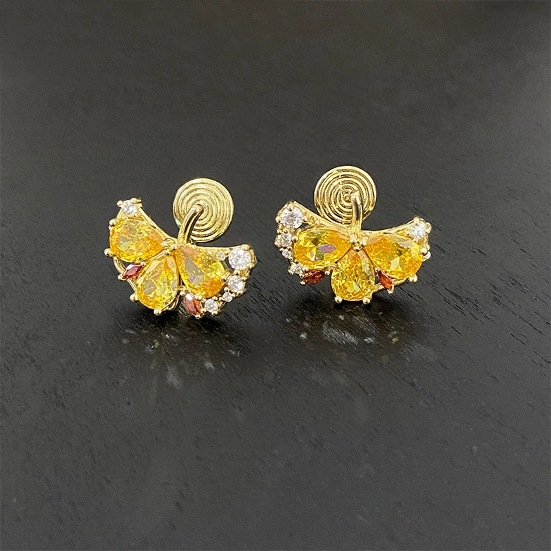 铜合金亚克力耳饰 14K电镀银杏树叶镶锆石小清新气质无耳洞蚊香盘