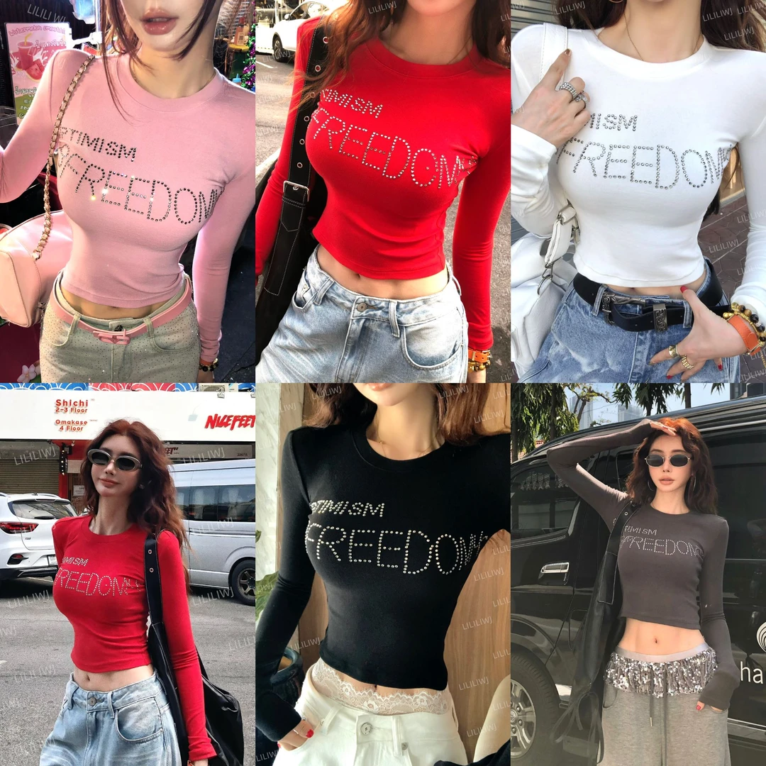 婉君【烫钻T】早春显瘦百搭修身烫钻字母长袖T恤上衣LWJ25A1T053
