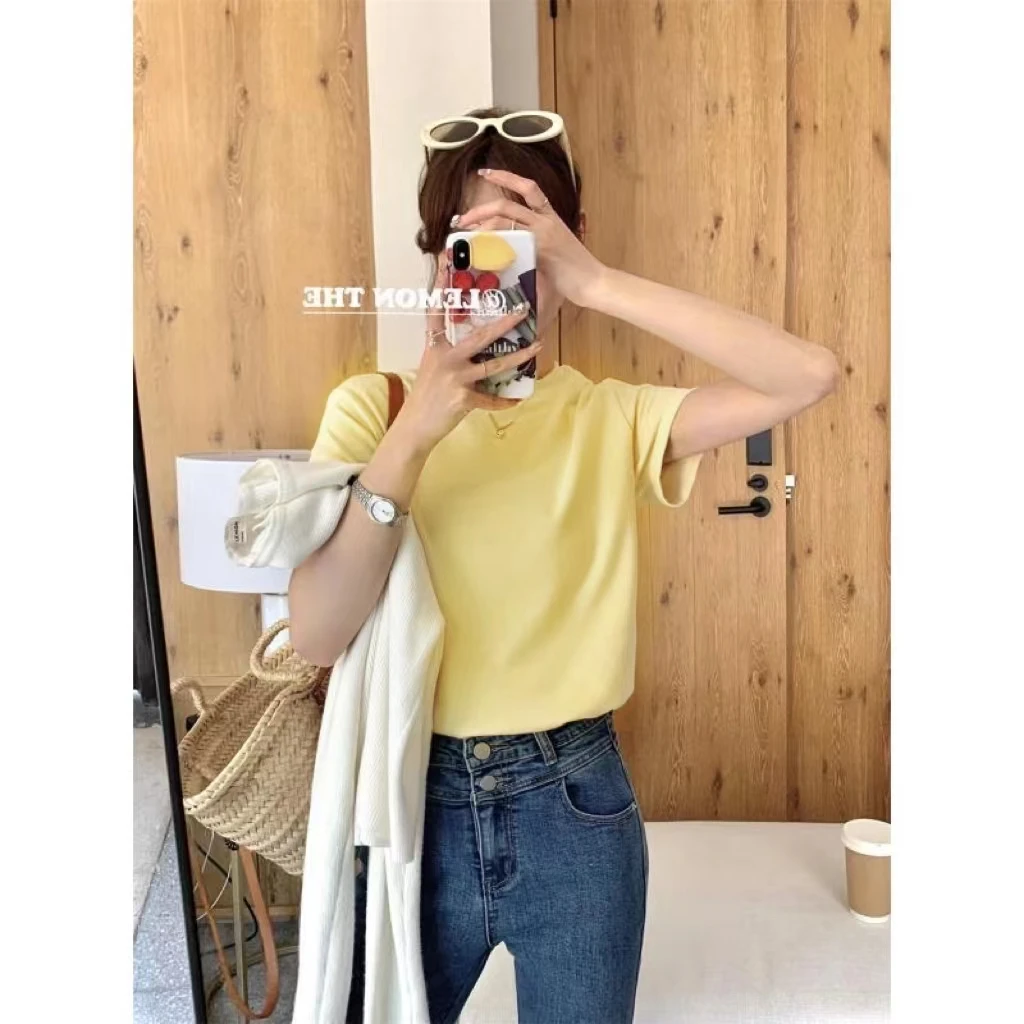 新款正肩圆领纯色短袖T恤女上衣女夏季休闲百搭修身显瘦打底衫女