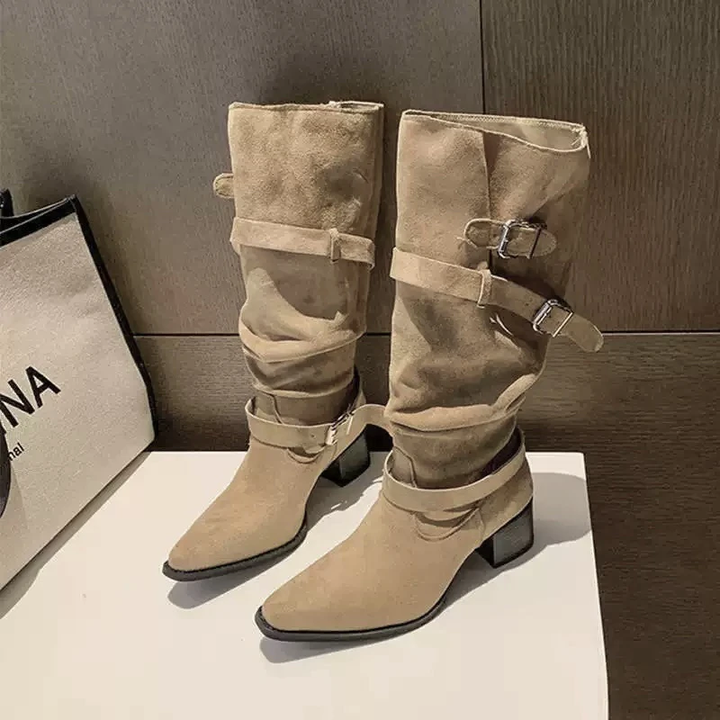 【Yang 专属】法式皮带扣粗跟褶皱堆堆女秋冬款时尚复古套筒长靴