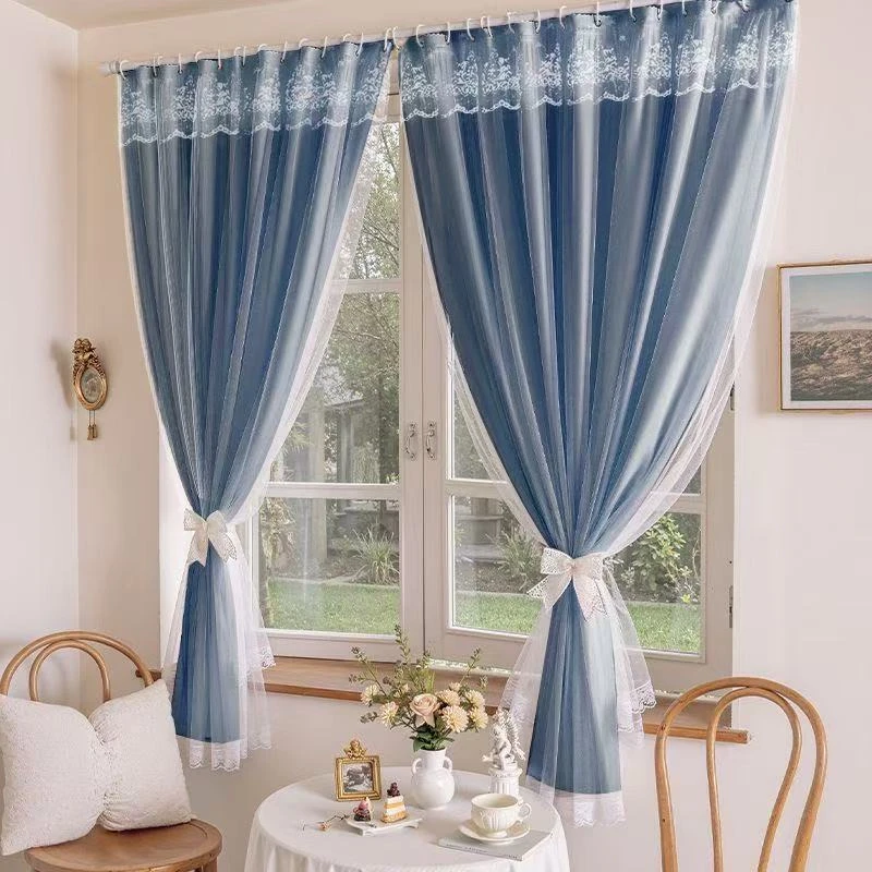 全遮光窗帘2025新款免打孔安装伸缩杆窗帘出租房遮阳双层蕾丝纱帘