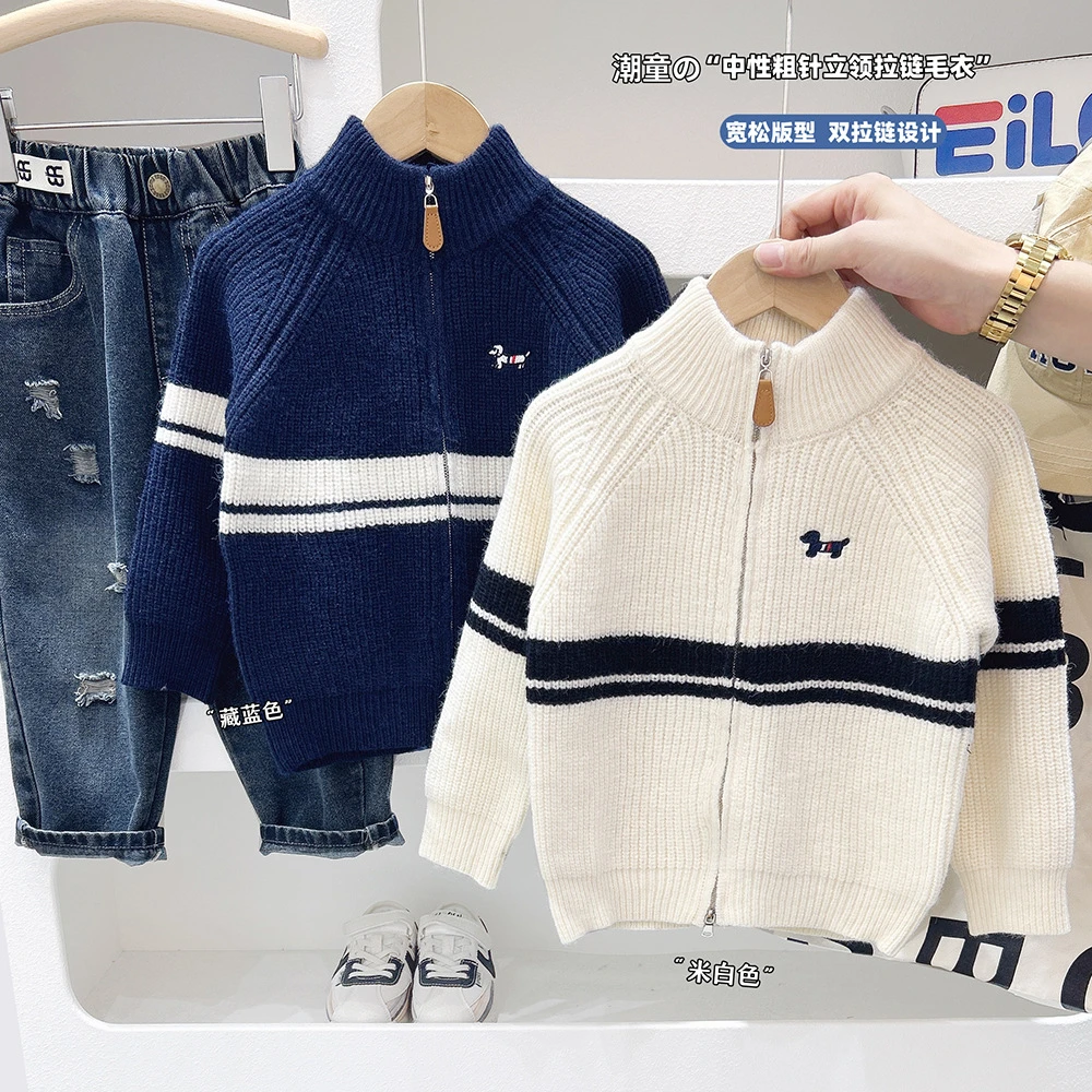 男童韩版毛衣 刺绣小狗半高领撞色针织衫2025秋季新款毛衣拉链衫