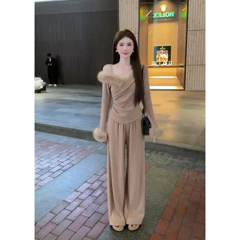 parkyeon美式辣妹风气质露肩短款T恤女设计感毛袖拼接修身针织衫