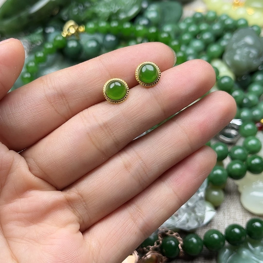 和田玉（碧玉）银S925镶嵌耳饰