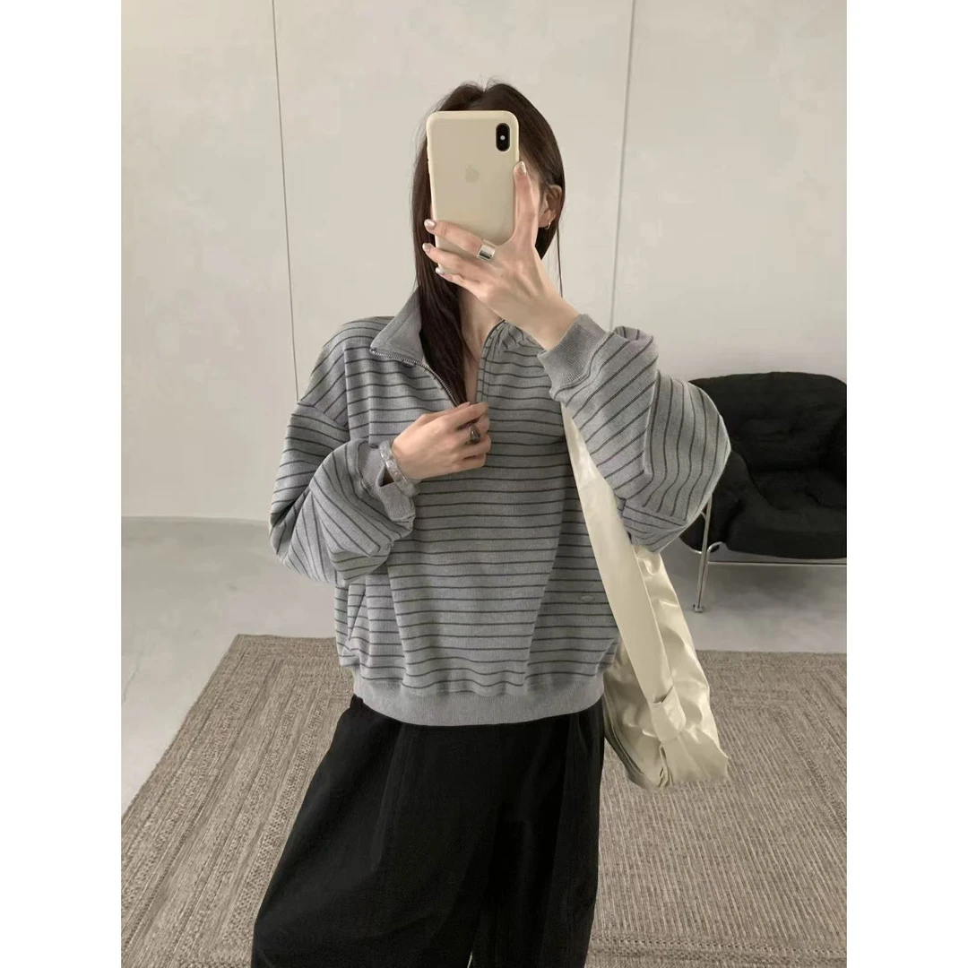 J-7949#YOUR#超韩系半拉链设计百搭减龄条纹卫衣(福利)