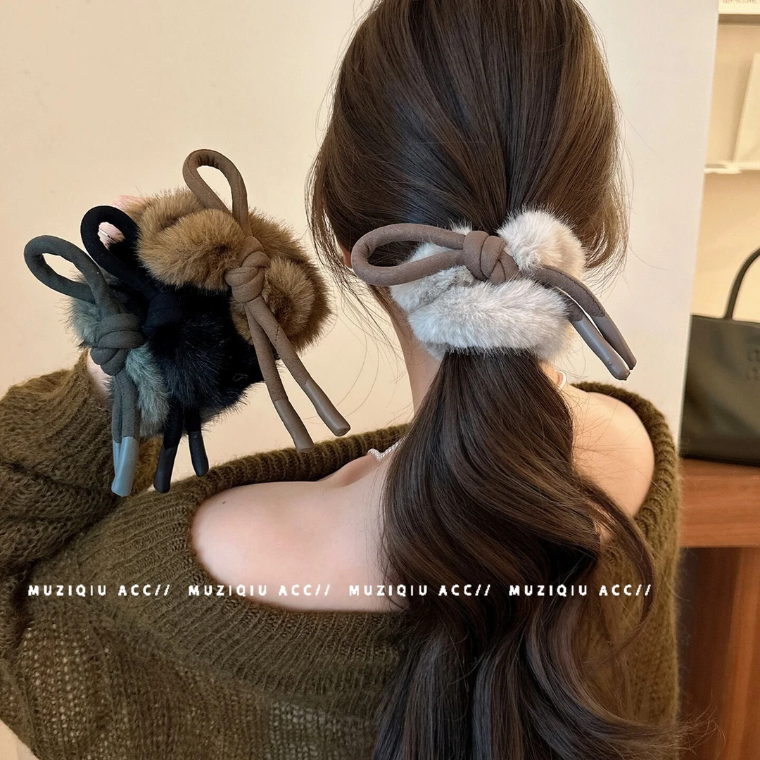 木子秋高级感时尚毛绒蝴蝶结发圈头绳优雅气质复古简约搭丸子发饰