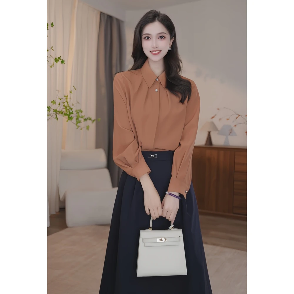 【婷婷甄选】流光风2025衬衫8493225砖红色时尚休闲女士法式衬衣