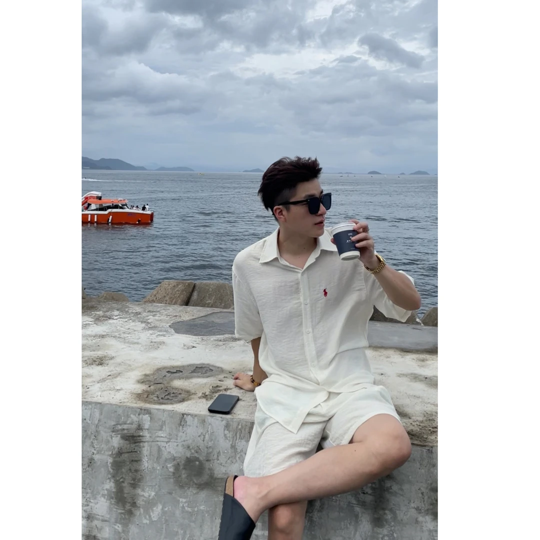 CHANWS 老钱风透气套装男夏季小马刺绣休闲翻领两件套装8012