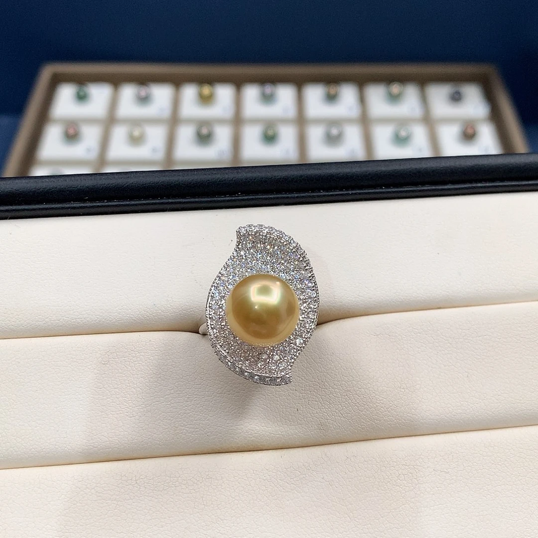 银S925镶嵌戒圈海水珍珠11mm天然海水南洋金珠戒指