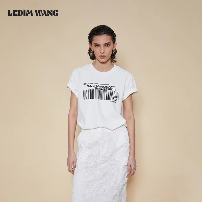 ledim wang【明星同款】条码印花短袖T恤女白色高级感简约百搭上衣