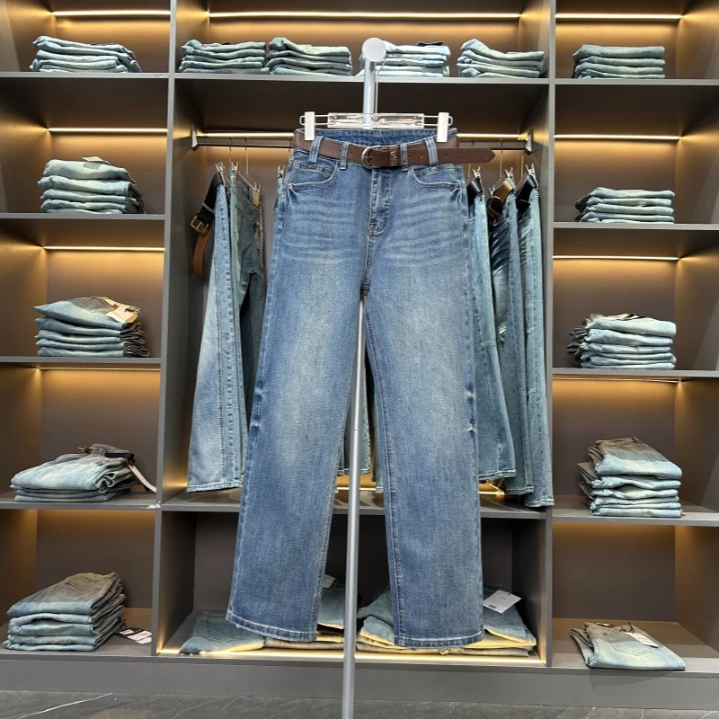 厚款高腰常规女牛仔裤春款阔腿浅蓝水洗时尚女装休闲设计师直筒裤