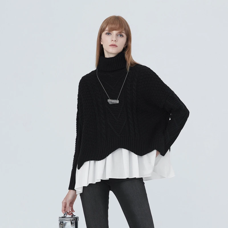 圣迪奥秋季长袖时尚百搭高领不规则拼接针织黑色毛衣S20483505