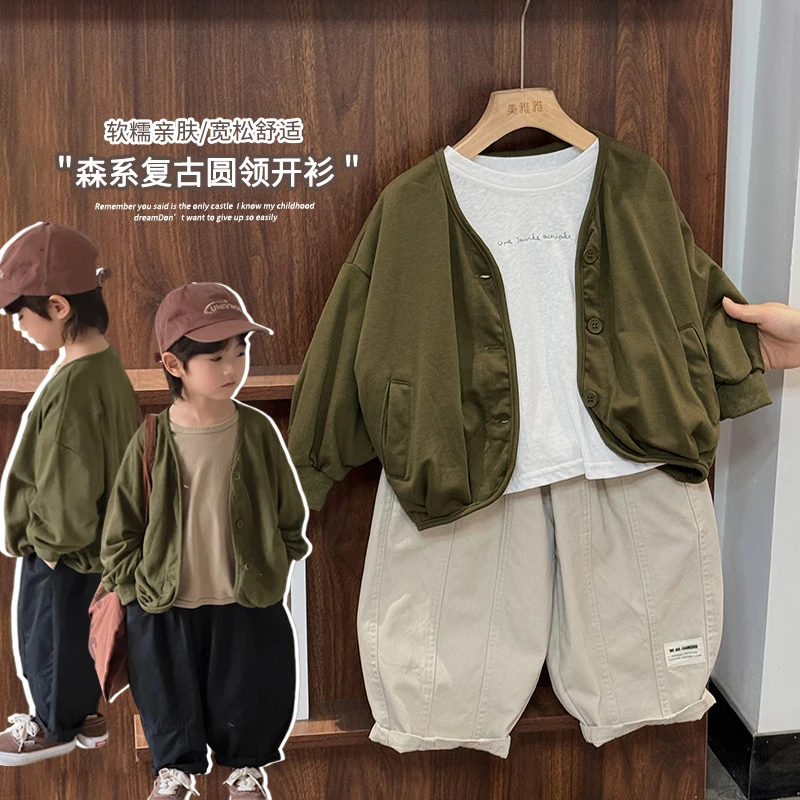 《春上新》儿童军绿色开衫春款韩版男童女童25CL1048V领长袖小外套
