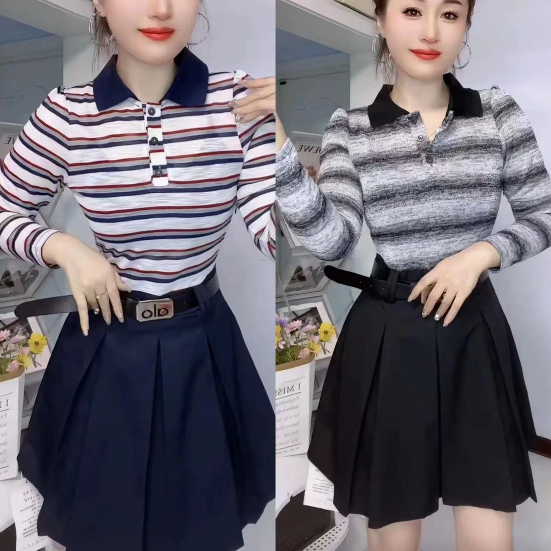 条纹翻领长袖薄雾少女风连衣裙