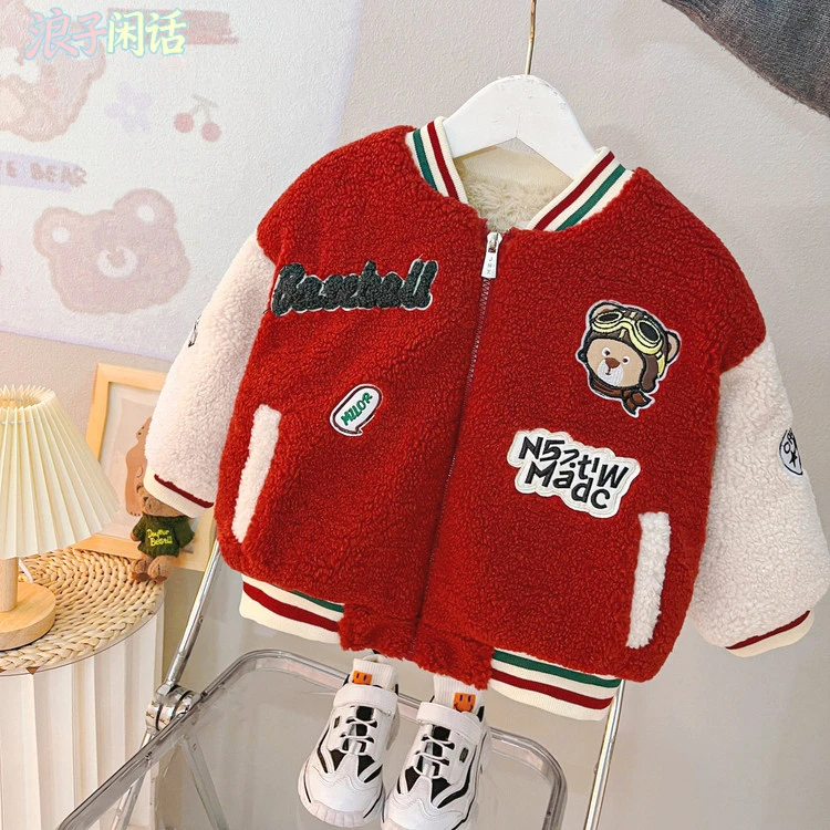 新款冬季儿童红色棒球服男女童加绒外套保暖时尚冬装上衣加厚童装