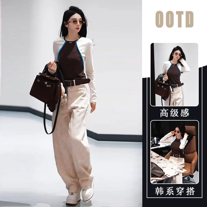 2025年秋季新款女小众设计感拼接高级感上衣简约裤子慵懒风两件套