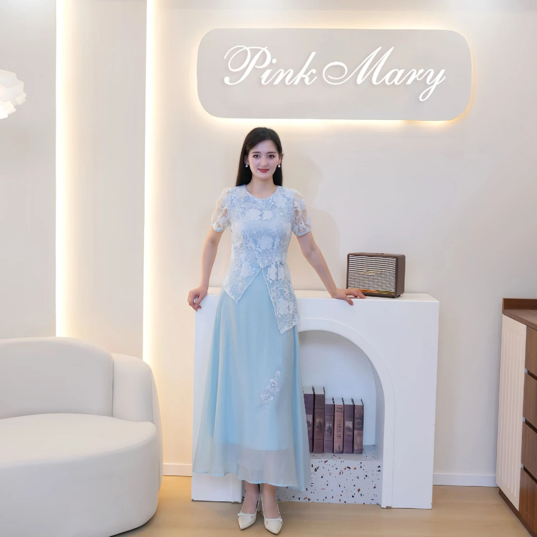 Pink Mary/粉红玛琍套装蕾丝气质蓝色轻奢TMAOS9718