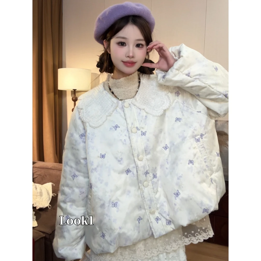 F30190小众设计娃娃领紫色刺绣棉服