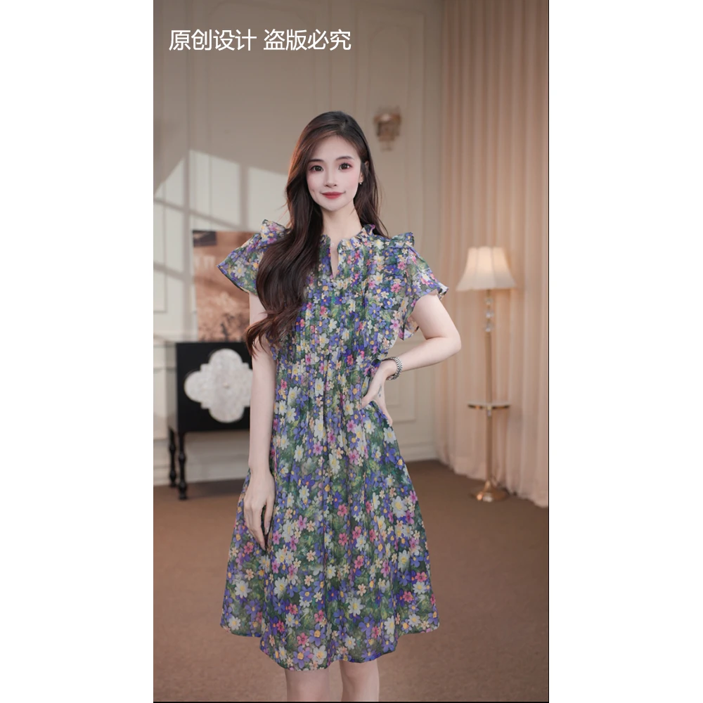 宁宁·盛夏花季·夏季新款碎花捏褶收腰显瘦扣领时尚连衣裙-90885