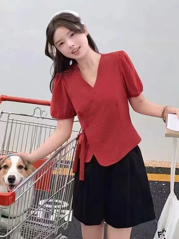 夏季新款设计感小众不规则收腰显瘦V领短袖衬衫女